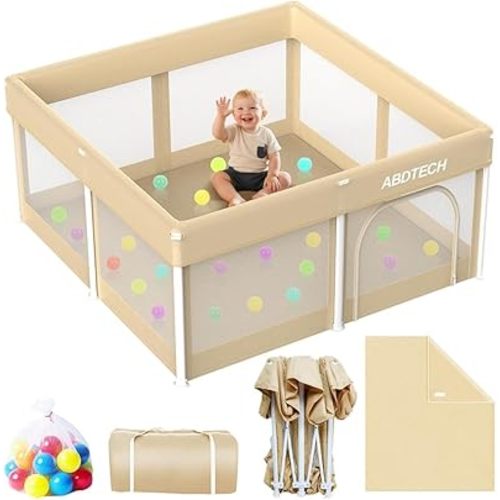 Foldable Playpen for Babies and Toddlers:Quick Setup 50"x50" Baby Playpen with Mat - Collapsible Play Pen with Storage Bag for Indoor & Outdoor - Baby Fence Play Area with 30 Ocean Ball, Khaki