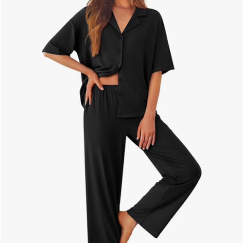 Ekouaer Women Pajamas Set Button Down Sleepwear Short Sleeve Pjs Soft Comfy Nightwear with Long Pants S-XXL