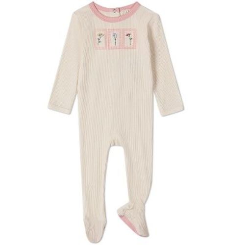 MiniMoi Baby Girls "Framed Florals" Ribbed Cotton-Blend Embroidered Footie Pink 12 Months