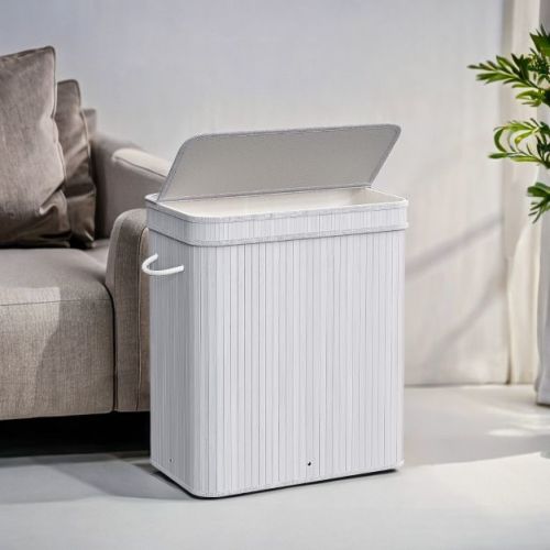 26.4-gals Laundry Hamper Basket Bamboo Laundry Basket With Lid Removable Machine Washable Laundry Basket, With Handles Dove Gray
