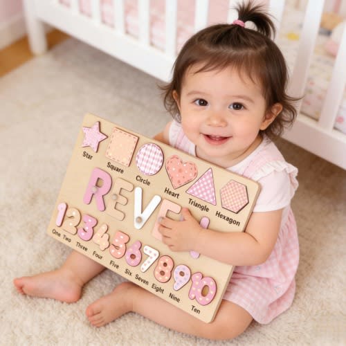 Personalized Wooden Name Puzzle - Custom Baby Gift with Shapes & Numbers 1-10, Customized Back Engraving, Baby Shower, 1st Birthday Gift