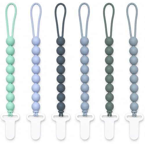 6 Pack Silicone Pacifier Clips for Boys and Girls, One-Piece Beads Pacifier Clip Set with Durable Plastic Clip, Modern Color Pacifier Holder for Baby Essentials