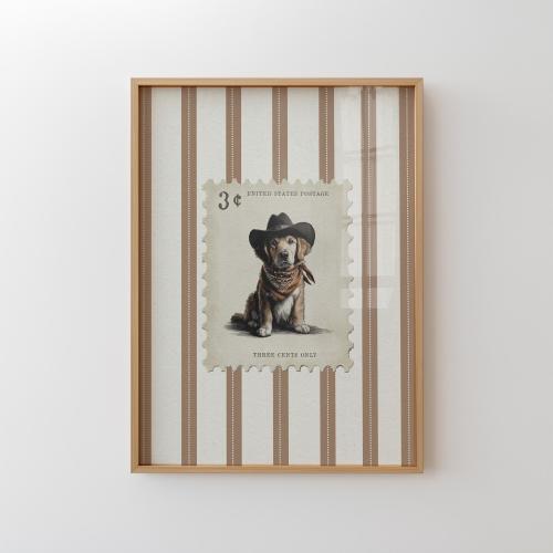 Cowboy Dog Print Vintage Stamp Home Decor Wall Art Rustic Mid West Striped Trendy Poster Western Retro Pet Aesthetic Living Room Print Gift