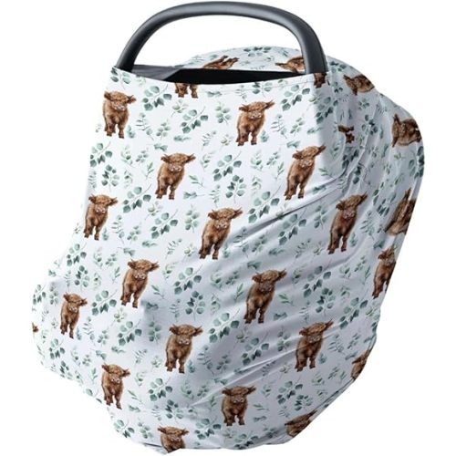 HawSkgFub Highland Cow Eucalyptus Leaf 5-in-1 Car Seat Cover for Baby Boy Cow Lover Gift, Western Cowboy Privacy Breastfeeding Nursing Cover, Newborn Infant Multi-use Carseat Canopy Carrier