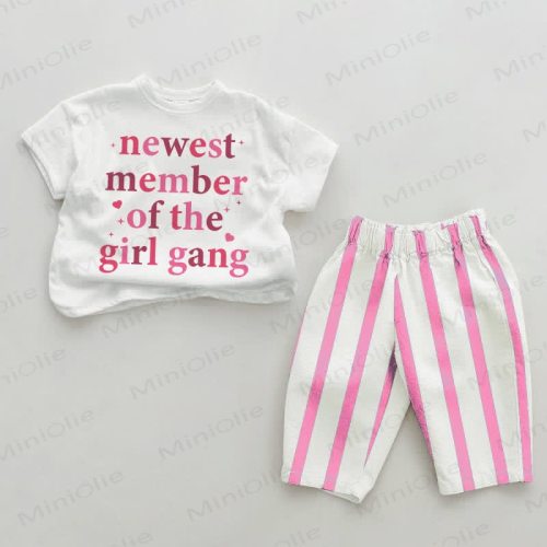 NEWEST MEMBER OF THE GIRL GANG Baby Pink Vertical Striped 2-piece Set