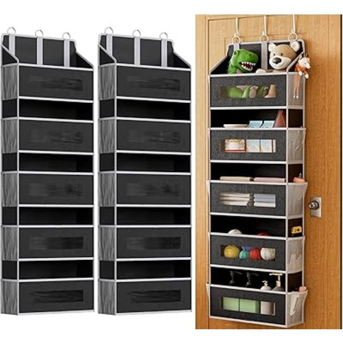 2 Pcak 5 Tier Over The Door Organizer - Large Capacity Behind Door Hanging Shelves with 10 Mesh Pockets and Clear Windows, Closet Organizers and Storage for Bathroom, Bedroom, Nursery, Black