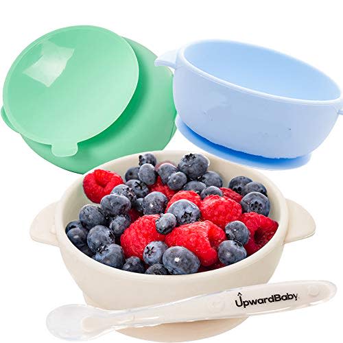 Baby Bowls with Guaranteed Suction - 4 Piece Silicone Set with Spoon - UpwardBaby - for Babies Kids Toddlers - BPA Free - First Stage Self Feeding