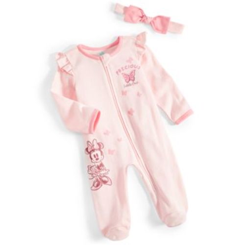 Baby Girls Minnie Mouse Footed Coverall & Headband, 2 Piece Set