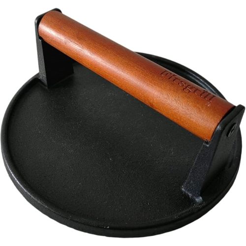 Burger Press 7.08" Round,Heavy-Duty Cast Iron Smash Burger Press Meat Steak With Wood Handle for Blackstone Camp chef Pitboss Weber Griddle Grills(Round)