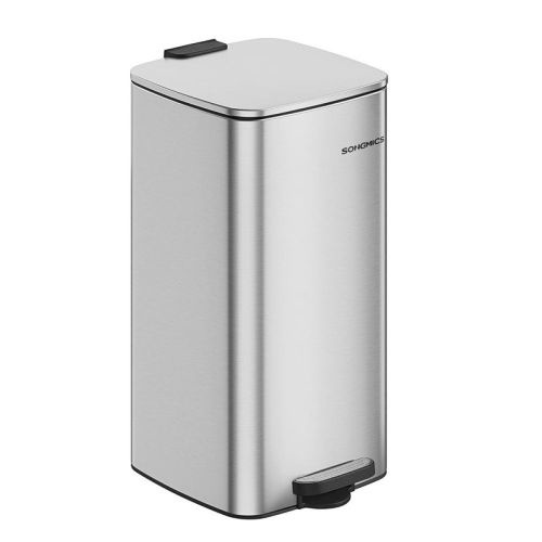 SONGMICS Trash Can, 8-Gallon (30 L) Trash Bin, Stainless Steel Kitchen Garbage Can, with Inner Bucket, Soft Close and Stays Open, Metallic Silver