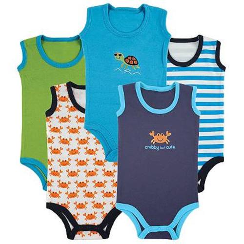 Luvable Friends Baby Boy Cotton Sleeveless Bodysuits 5pk, Crab, 3-6 Months