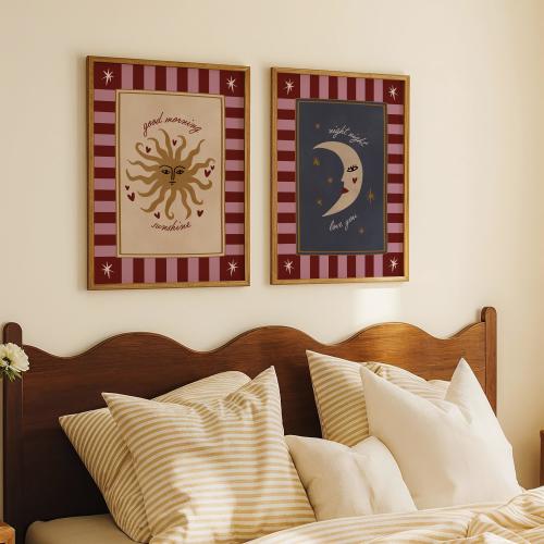 Vintage Sun & Moon Prints: Bedroom Wall Art Set of 2, Burgundy Posters, Cool Nursery Wall Decor