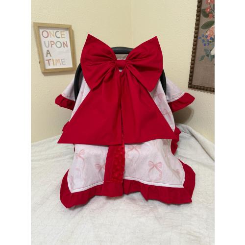 Red Bow Coquette Car Seat Cover | Handmade Infant Canopy, Ruffle Girl Carrier Shade