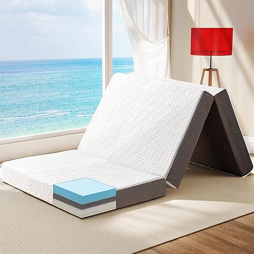 Hanherry 4 Inch Foldable Mattress Full Size, Tri-Folding Portable Memory Foam Topper Floor Bed with Storage Bag, Washable Cover for Travel, Camping, RV, Guest