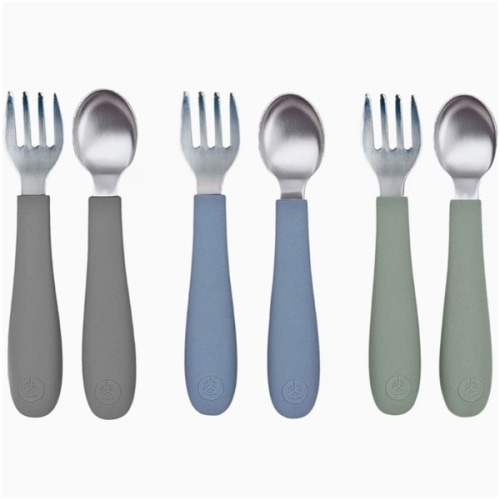 Stainless Steel & Silicone Toddler Utensils – Set of 6 (3 Forks + 3 Spoons)