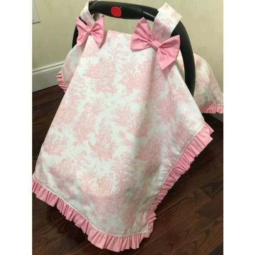 Car Seat Canopy Cover - Pink Toile With Ruffles and Bows - Just Baby Designs
