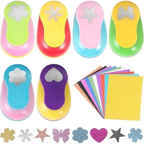 6 Pcs Colorful Craft Hole Punch with 10 Glitter Cardstock Papers, Decorative Scrapbook Paper Puncher Set, Different Shape Paper Hole Puncher Set for Office Supplies (6 Pcs- Different Shapes)