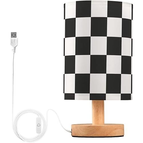 ALAZA Black White Checkered Lamp for Girls Boys Bedroom Bedside Table Lamp with USB Port LED Kids Nightstand Lamp Wood Base Desk Living Room Decor