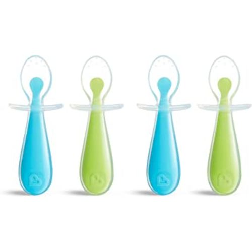 Munchkin® Silicone Scoop™ Trainer Spoons with Choke Guard for Baby Led Weaning, 4 Count, Blue/Green