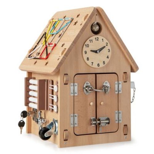 Costway Wooden Busy House Montessori Toy with Sensory Games & Interior Storage Space