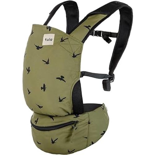 Baby Tula Lite Ripstop Nylon Compact Baby Carrier, Lightweight & Ergonomic Carrier for Travel w/Convenient Storage Hip Pouch, Multiple Carrying Positions for 12lbs to 30lbs - Soar (Olive Green/Birds)