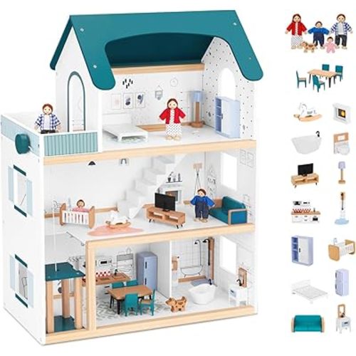 OOOK Wooden Dollhouse with Liftable Elevator - 2.6 Feet High Modern Doll House for Kids Toddlers - Including 21 Furniture Pieces, 4 Family Dolls, and 1 pet