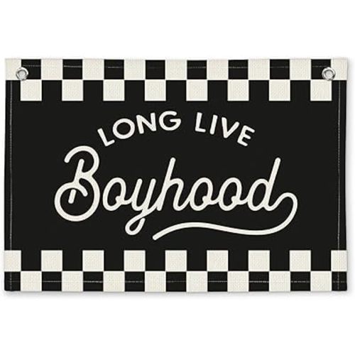 Trendy Checkered Long Live Boyhood Boys Room Decor - Linen Banner Wall Hanging Canvas Banner Flag Decor for Toddler Boy Bedroom Nursery Playroom