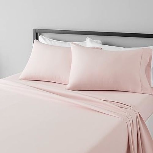 Amazon Basics Lightweight, Breathable Microfiber 4-Piece Bed Sheet Set with 14-Inch Deep Pockets, Full, Blush Pink, Solid