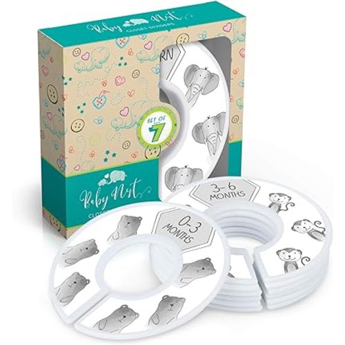 Baby Nest Designs Closet Dividers - 7x Baby Clothes Size Dividers, Newborn to 24 Months, Grey Animals Nursery Closet Organizer