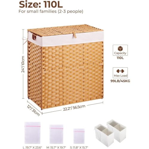 Greenstell Laundry Hamper with lid, No Install Needed, 110L Wicker Laundry Baskets Foldable 2 Removable Liner Bags, 2 Section Clothes Hamper Handwoven Rattan Laundry Basket with Handles, Natural