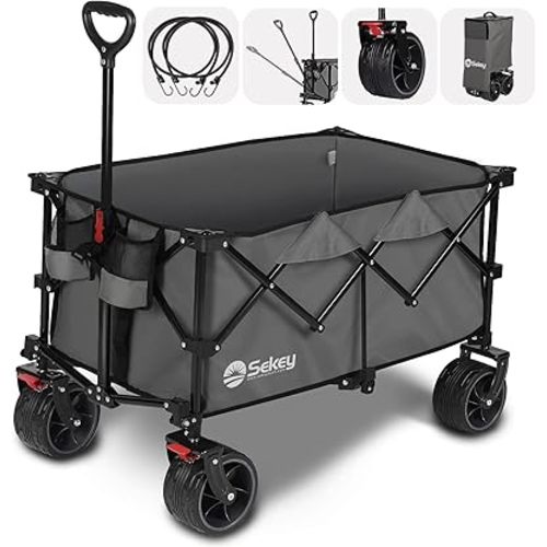 Sekey 220L Collapsible Foldable Wagon with 330lbs Weight Capacity, Heavy Duty Folding Utility Garden Cart with Big All-Terrain Beach Wheels & Drink Holders. Grey