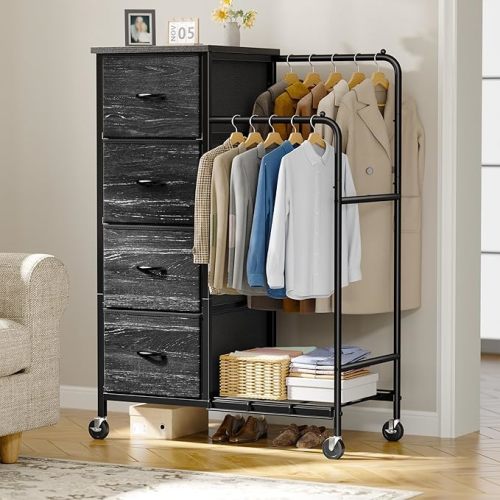 Romorgniz Tall Dresser with Hanging Rack & Extra Deep Storage,47.3"H, Black | Maximized vertical storage, mobile closet design, versatile clothing organizer for apartments, dorms and compact spaces