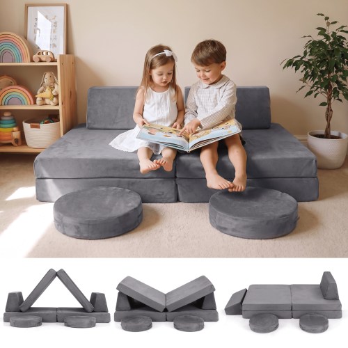 INFANS Modular Kids Play Couch, 6 PCS Toddler Creative Sectional Fort Building Sofa for Playroom, Bedroom, Children Convertible Soft Foam Furniture Playset and Floor Cushion for Boys and Girls