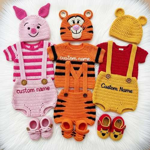 Custom Baby Crochet Shirt, Pooh and Friends Baby Set, Handmade Crochet Sweater, Personalized Baby Clothing Outfit Gift