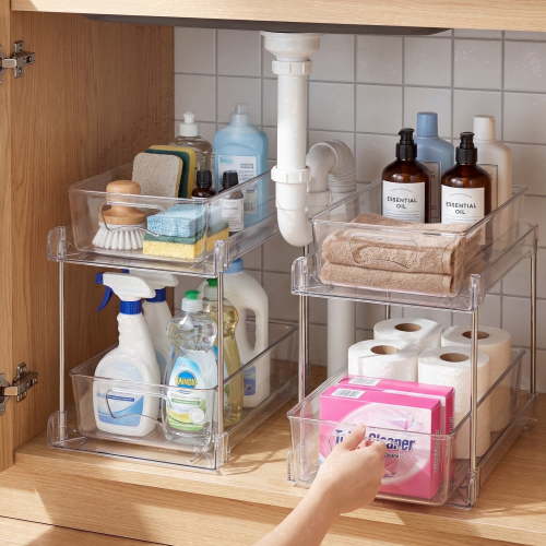 Riousery 2-Tier Clear Under Sink Organizer, 2-Pack Pull-Out Cabinet Storage, Stackable Design for Kitchen and Bathroom