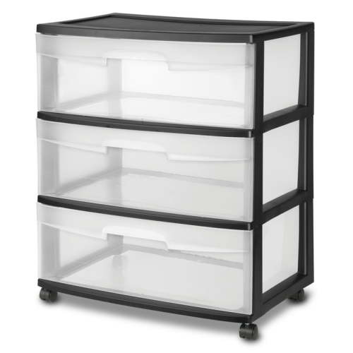Sterilite Wide 3 Drawer Cart Black - Versatile Plastic Storage Dresser with Rolling Wheels