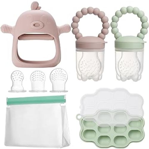 WEST STORY Baby Feeding & Teething Kit, Includes Breastmilk Popsicle Molds, 2 Baby Fruit Food Feeders Pacifiers, 3 Extra Food Pouches, Silicone Teething Toys & Storage Bag for Infant Newborn, BPA Free