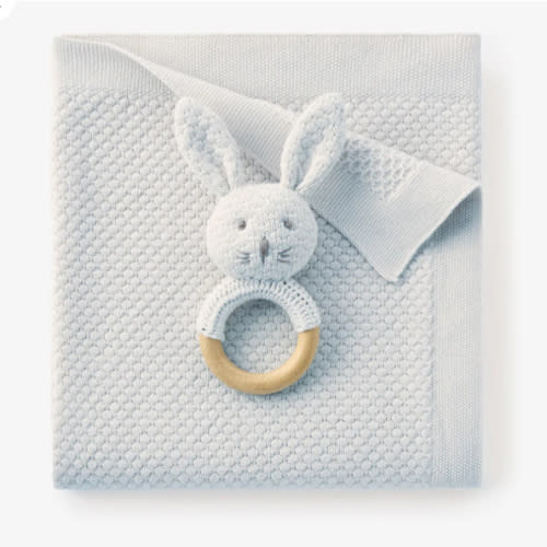 Pale Blue Textured Knit Blanket + Bunny Ring Rattle Gift Set