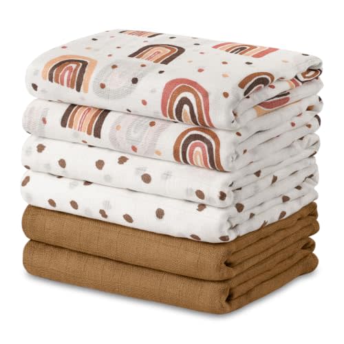 GLLQUEN BABY Receiving Blankets Muslin Swaddle Blanket for Newborn Girl Boy | Cotton Squares Baby Blankets, Soft & Thin Swaddle Cloth, Breathable Absorbent Infant Swaddling Wrap - 6 Pack (Rainbow)