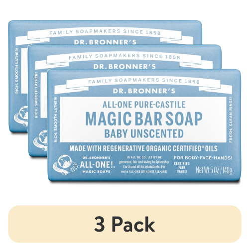(3 pack) Dr. Bronner's Magic Bar Soap – Baby Unscented - Pure-Castile Soap - 5 oz - for face, body, hands