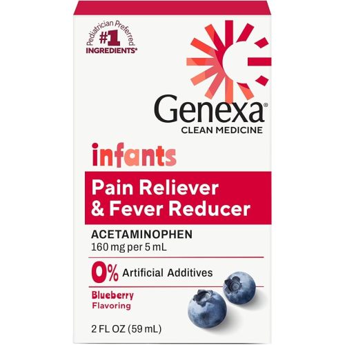 Genexa Infants' Clean Acetaminophen | Pediatrician Preferred Ingredients | Pain Reliever & Fever Reducer for Babies | Dye Free, 0% Artificial Additives | Delicious Organic Blueberry Flavor, 2 fl oz