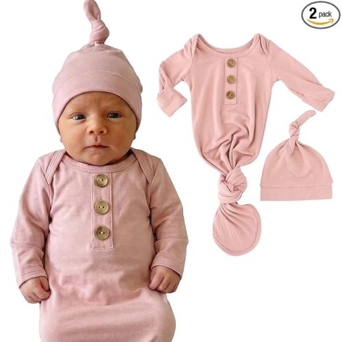 Caden Lane Newborn Knotted Gown with Hat, Soft Bamboo Viscose Baby Sack, Unisex Infant Breathable Night gown Mauve