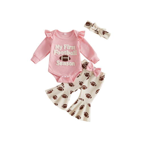 Cjfdfy Newborn Baby Girl Game Day Outfit Football Embroidery Long Sleeve Romper And Flared Pants Headband 3Pcs Infant Cute My First Football Season Fall Winter Clothes 0-18M