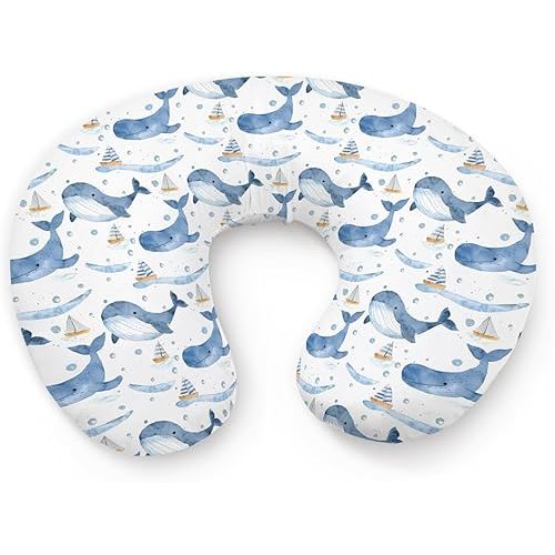 Watercolor Ocean Whale Pattern Nursing Pillow Cover, Unisex Sea Animals Sailboats Removable Breastfeeding Pillowcase Slipcover for Baby Girls Boys Newborns Toddlers, Cover Only