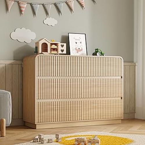 Dresser for Bedroom with 6 Drawers, Fluted Chest of Drawers with Round Curved Corner, Hidden Handles, Modern Wood Storage Organizer for Bedroom, Nursery, Living Room