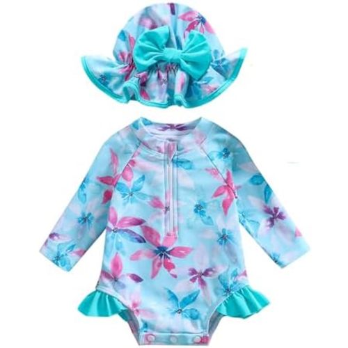 Baby Girl Swimsuit Long Sleeve Zipper Bathing Suit One Piece Swimwear with Hat