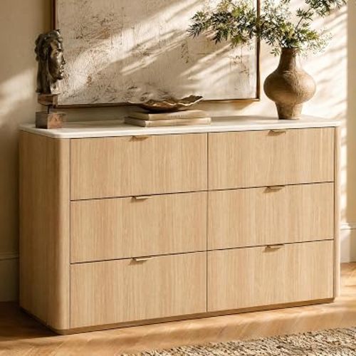 ModernMate 6 Drawer Dresser for Bedroom, 54" Clothes Dresser with Smooth Glide Drawers & Faux Travertine Texture Top, Modern Tall Chest of Drawers with Metal Handles for Bedroom Storage, Beige