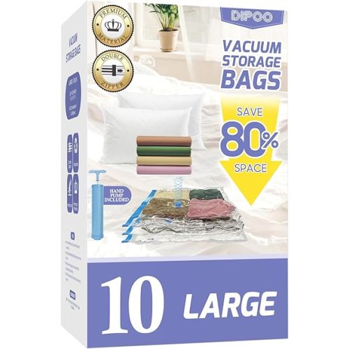 10 Pack Large Vacuum Storage Bags with Hand Pump, 80% Storage Space Saving, Sturdy Leak-Free Space Saver Vacuum Seal Bags for Clothing, Vacuum Compression Bags for Travel Lugggage