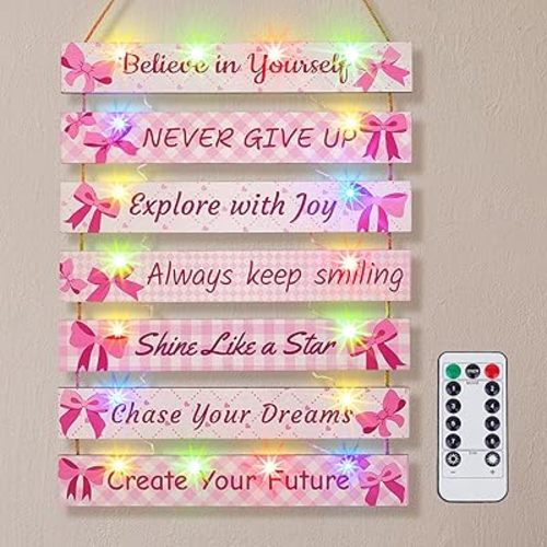 FIOBEE Girls Room Décor for Teen Girls Boys with LED Light Wall Decor for Bedroom Motivational Inspirational Wall Art Room Decoration for Kids Studyroom, 8 Kinds of Lights, Pink Bow