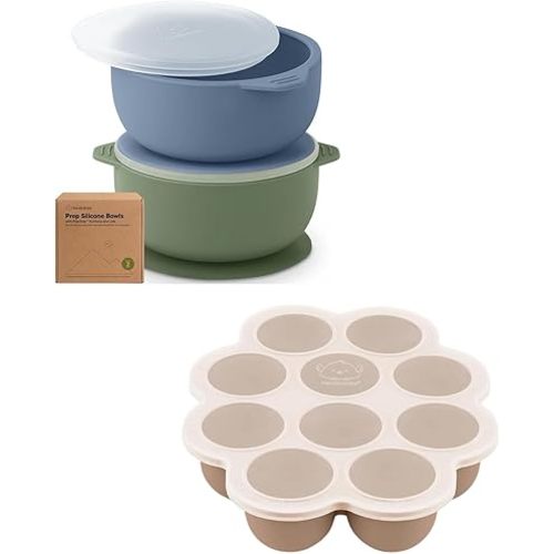 KeaBabies 2-Pack Baby Bowls with Suctions, Lids and Silicone Baby Food Freezer Tray with Clip-on Lid - Silicone Suction Bowls for Baby Boy, Girl, Silicone Bowls BPA-Free - Baby Silicone Freezer Molds